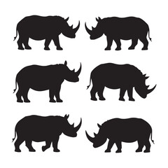 African Rhinoceros set different poses isolated Vectors Silhouettes White Background.