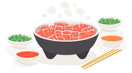 Sukiyaki hot pot steaming beside dipping bowls and chopsticks