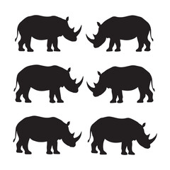 African Rhinoceros set different poses isolated Vectors Silhouettes White Background.
