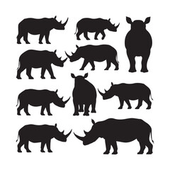African Rhinoceros set different poses isolated Vectors Silhouettes White Background.