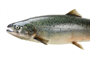 Naklejka premium Studio photograph of a whole salmon fillet with rich pink hue, isolated on white background, ideal for seafood promotions and healthy diets.