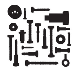Obraz premium Black silhouette of wall plugs bolts nuts and screws white background. White Background.