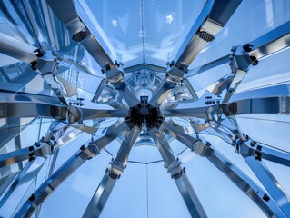 Dramatic low-angle shot reveals structural glazing spider glass fixing detail, reflecting engineering precision under cool light architectural photography.