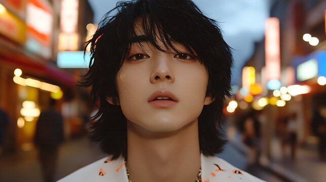 Close-up portrait, young man, city lights