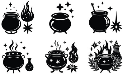 Magic potion and cauldron silhouette black vector art design set