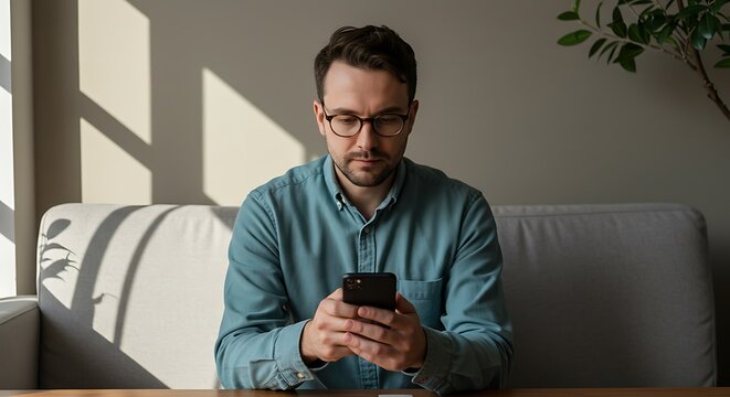 Focused Man Using Smartphone Indoors - Powered by Adobe