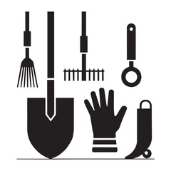 Garden tools equipment gardener gloves isolated Vectors Silhouettes White Background.