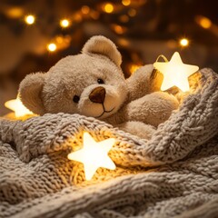 fluffy teddy bear sleeping on a soft knitted blanket, surrounded by illuminated star-shaped Christmas lights, creating a warm and cozy atmosphere