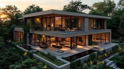 Fototapeta premium Contemporary Home Photo Surrounded By Lush Greenery At Sunset With Modern Design