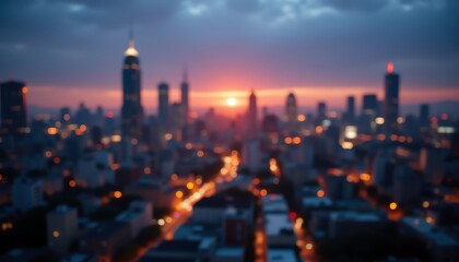 Fototapeta premium Blurred city skyline at sunset with vibrant hues.