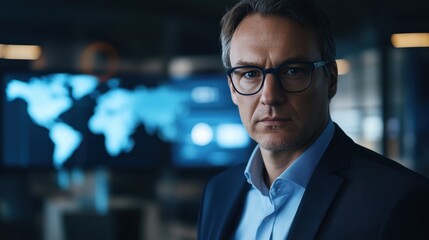 Fototapeta premium Professional businessman with glasses stands confidently in a modern office environment with digital global maps and data analysis on screens behind him