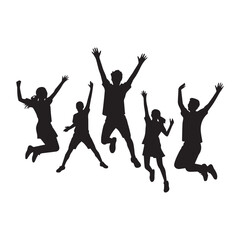 Happy group students are jumping isolated Vectors Silhouettes White Background.