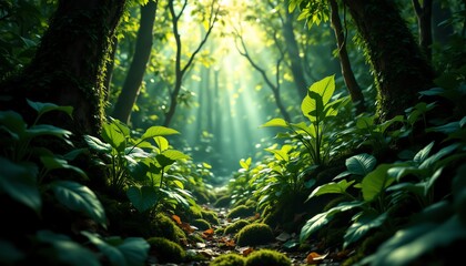 Fototapeta premium Sunlight filtering through vibrant green foliage.