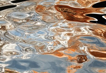 Abstract reflection of sky and trees on water surface with swirling patterns.