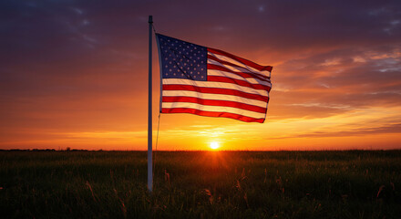 American flag with sunset background. USA national holiday concept