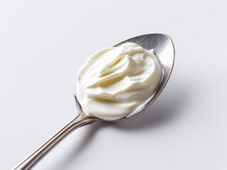 studio photo of plain yogurt in a spoon on a white background