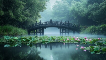Fototapeta premium Misty morning scene at a serene pond with a traditional bridge. Lush green foliage, soft morning light, and a tranquil atmosphere