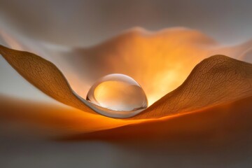 Obraz premium single water droplet resting on a leaf, illuminated by soft natural light, capturing a tranquil and detailed moment in nature