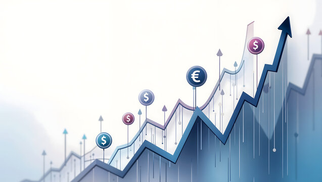 Abstract financial growth with upward graphs and floating currency symbols—ideal for representing successful investments and economic progress