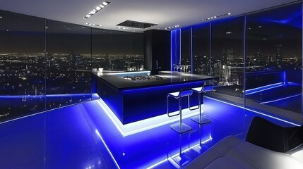 Obraz premium Modern, illuminated penthouse bar with city views.
