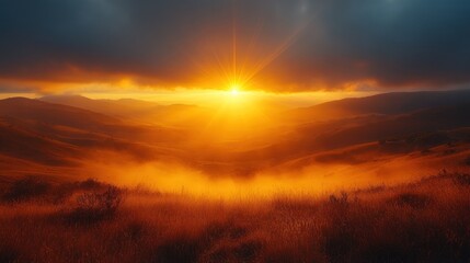 Fototapeta premium Golden Hour Over Misty Mountains: A Breathtaking Sunset Landscape