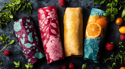Assortment of fresh fruit wrapped in beeswax food wraps showcasing sustainable and eco-friendly food storage solutions