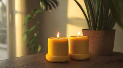 Two beautiful candles on a table displaying bioplastic candle holders perfect for eco-friendly home decor and ambiance