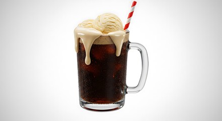 Root beer float in glass mug, melting vanilla ice cream, striped straw.