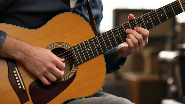 Musician tuning guitar before performance in studio