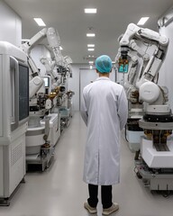 Advanced Robotics in Medical Laboratory with Technician in White Coat and Blue Cap