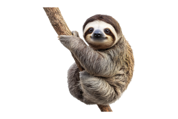 A sloth hanging on a tree branch isolated on transparent background
