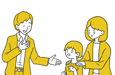 悩みを抱えている親子とサポートする男性　人物の手描きイラスト素材