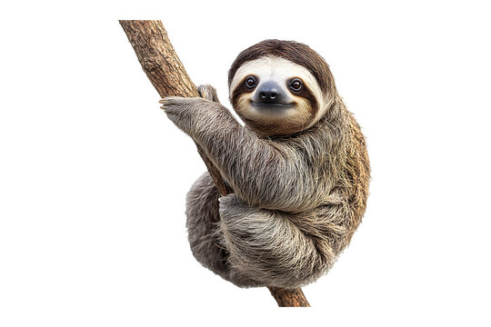 A sloth hanging on a tree branch isolated on transparent background
