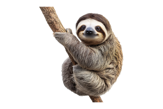A sloth hanging on a tree branch isolated on transparent background
