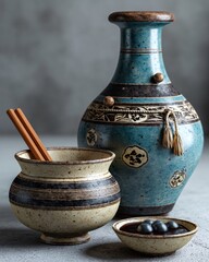 Elegant ceramic vases and bowls with wooden chopsticks against textured background