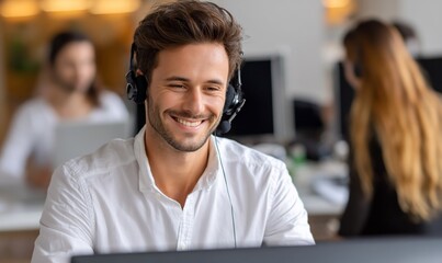 Obraz premium Happy customer service representative working at a desk