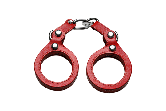 A pair of red leather handcuffs isolated on transparent background
