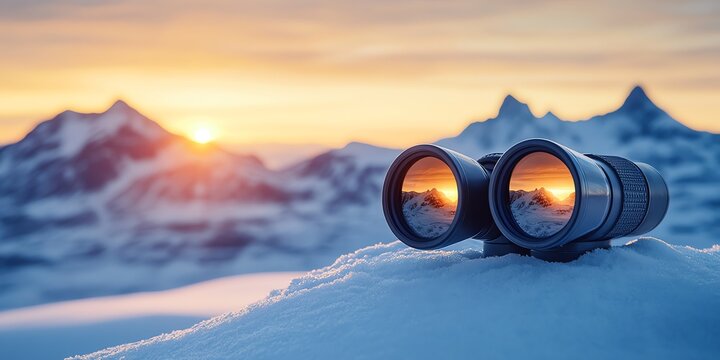 Binoculars Viewing Majestic Sunset Mountain Landscape