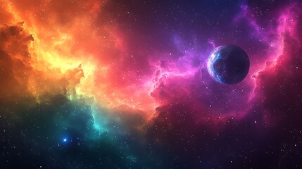 Colorful Planets in a Vibrant Nebula, Two planets in a colorful nebula with vibrant pink, orange, and blue hues