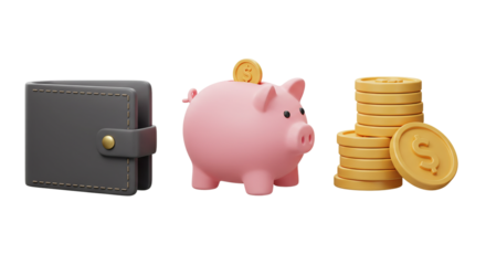  visual representation of personal finance, showcasing a black leather wallet, a pink piggy bank for savings, and stacks of golden coins.