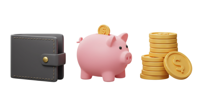  visual representation of personal finance, showcasing a black leather wallet, a pink piggy bank for savings, and stacks of golden coins.