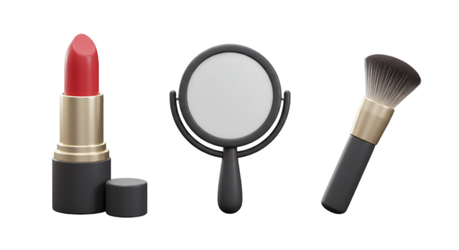  collection of essential makeup items including red lipstick, a magnifying glass for detailed application, and a soft powder brush for a flawless finish.