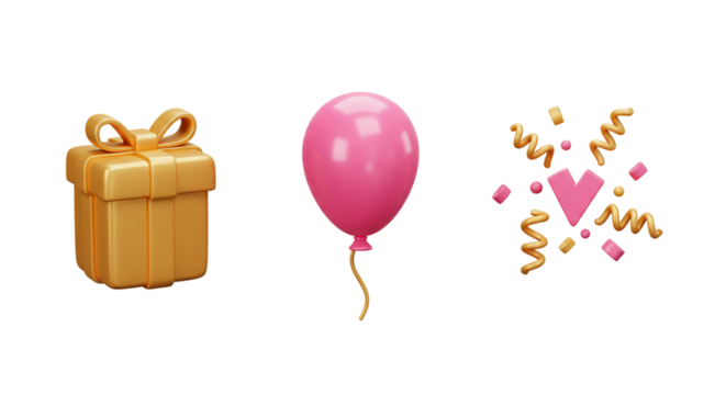 Birthday celebration themed 3D illustration featuring wrapped blue gift box, red balloon, and floating multicolor confetti, perfect for event posters, invitations, and festive social media posts