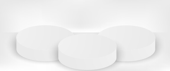 3D white cylindrical podium pedestal background with cube pedestal, Clean empty wall scene. Minimal mockup or abstract product display presentation, Stage showcase.