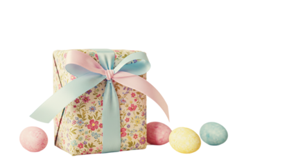 Easter gift box wrapped in floral paper with ribbon and scattered eggs, isolated on white background, ideal for seasonal celebration themes, festive packaging design, and promotional visuals