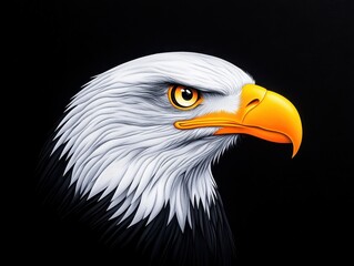 Obraz premium Detailed portrait of a bald eagle, head and shoulders, against a black background. Intricate feather detail