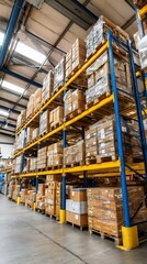 High warehouse shelves filled with boxes