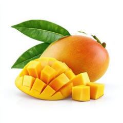 Ripe mango fruit and pieces isolated on white background