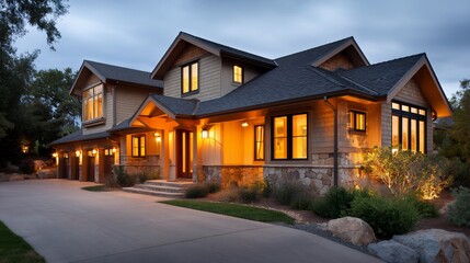 Luxurious modern home at twilight, illuminated interiors