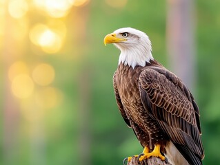Obraz premium Majestic bald eagle perched, gazing into the golden sunset. Feathers detailed